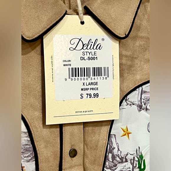 Delila Texas Western Tan & White Button Down Shirt w/ Cactus, Horses & Cowboys - Picture 5 of 9